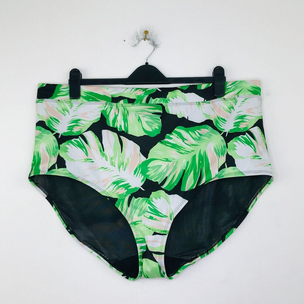 Swim By Cacique Womens 28 Bikini Bottoms Green Black Palm Leaf High Rise NWOT H4